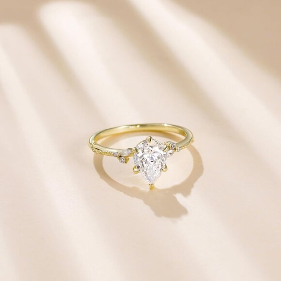 2CT 925 Sterling Silver Engagement Rings Pear Cut Wedding Teardrop Bridal Halo C - Picture 2 of 6